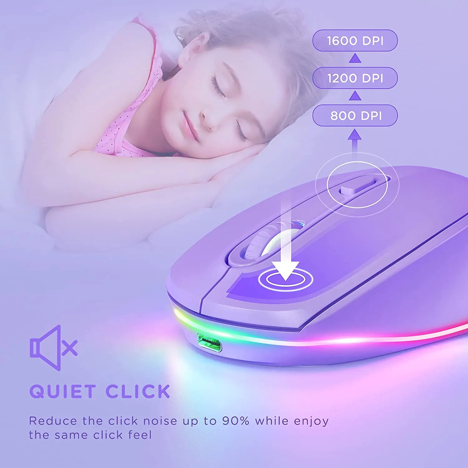 Description Picture 3 of itemBOW Purple Wireless Mouse Rechargeable Mouse for Laptop Small Cordless Mice Quiet Click LED Rainbow Lights for Computer