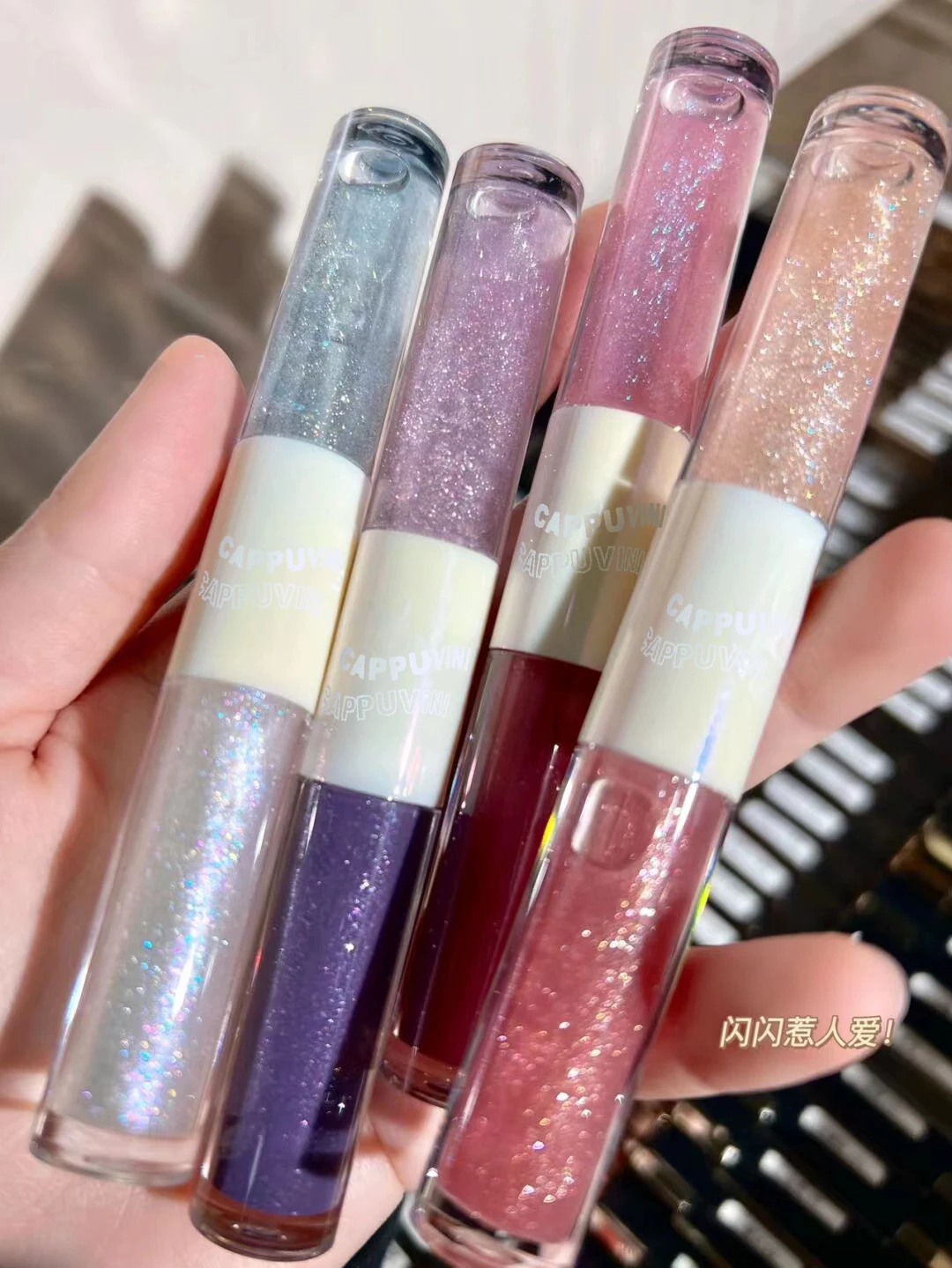 Description Picture 3 of itemPurple Glitter Water Light Lip Gloss Lip Glaze Double-end Mirror Liquid Lipstick Not Fade Lip Tint Lasting Moisturizing Cosmetic