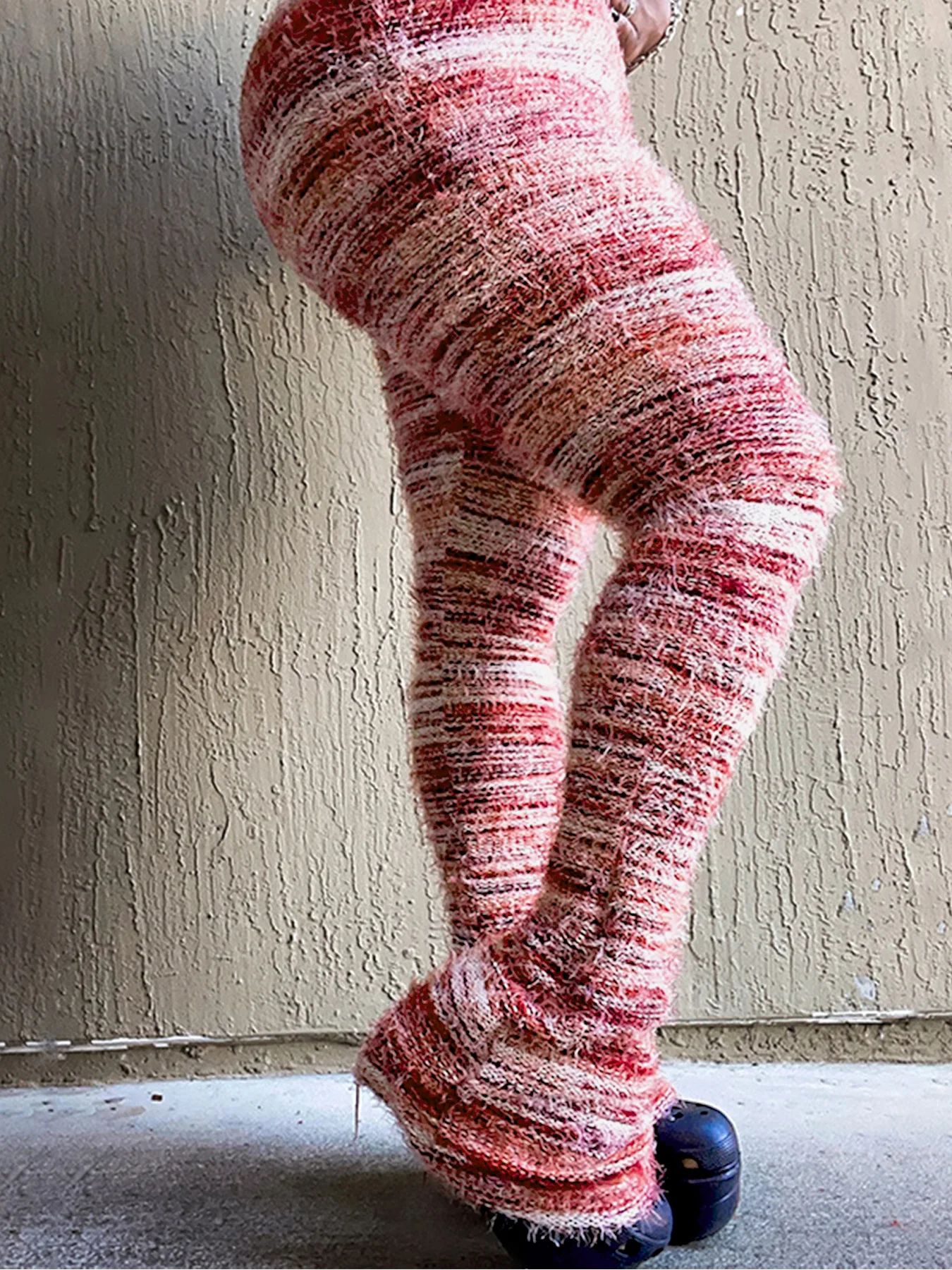 Description Picture 4 of itemKnitted Plush Striped Pants Y2K Streetwear 2023 Winter Fashion High Waist Leggings Casual Stacked Flare Pants Party Clubwear