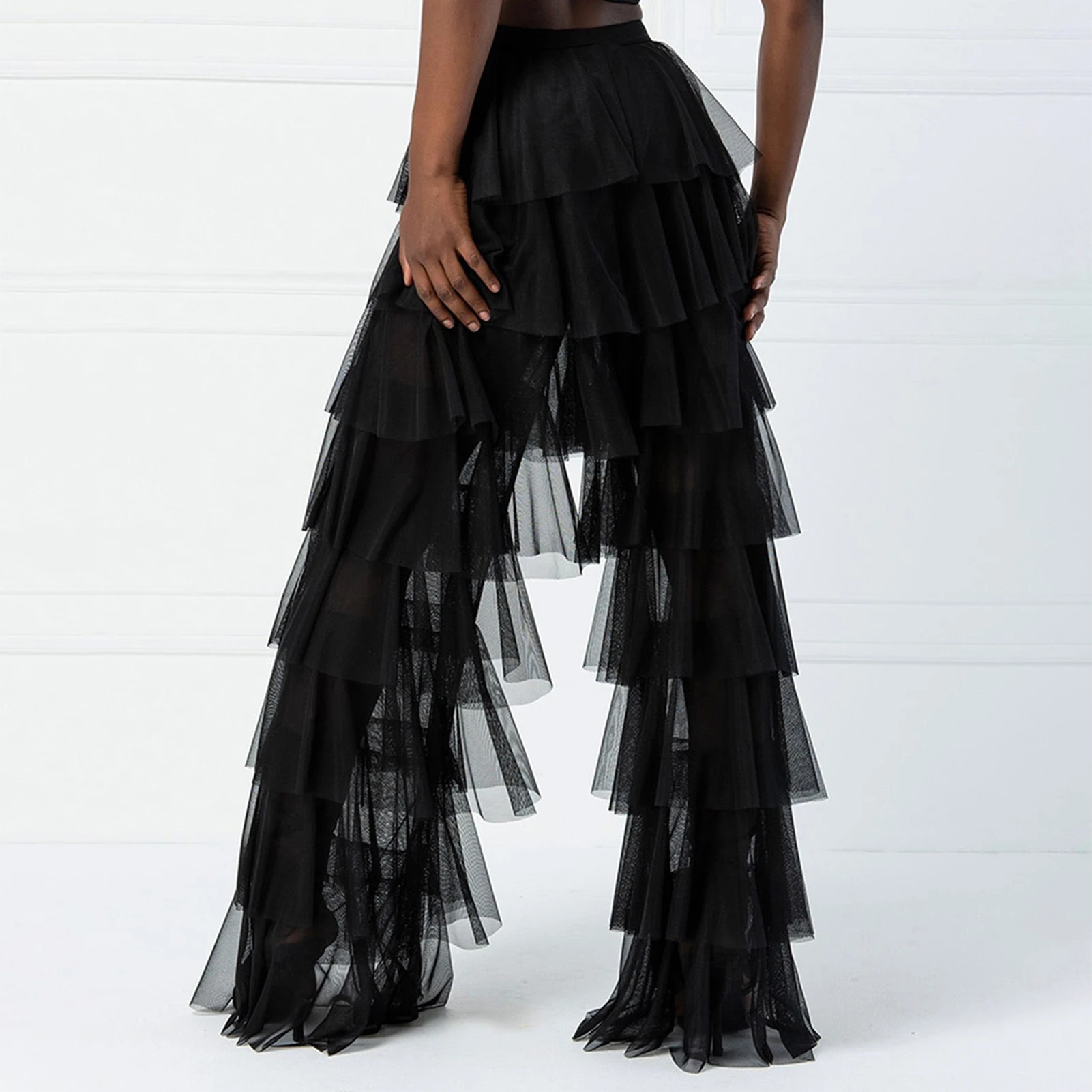 Description Picture 4 of itemRuffle Yarn Tulle Pants Solid Color Women Wide Leg Trousers High Waist Flare Trousers Multi Layer Spicy Girl Streetwear Suit