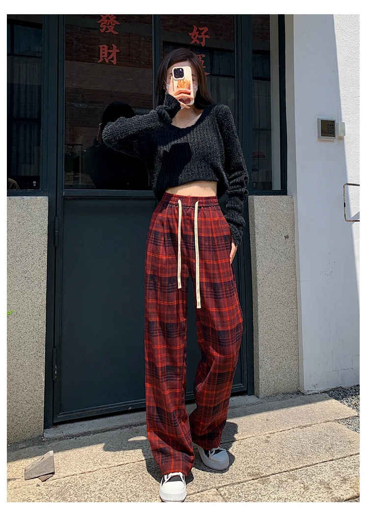 Description Picture 4 of itemJielur Vintage Plaid Spell Color Women Pants Korean Elastic Waist Slim Straight Fashion Female Streetwear Casual Wide Leg Pants