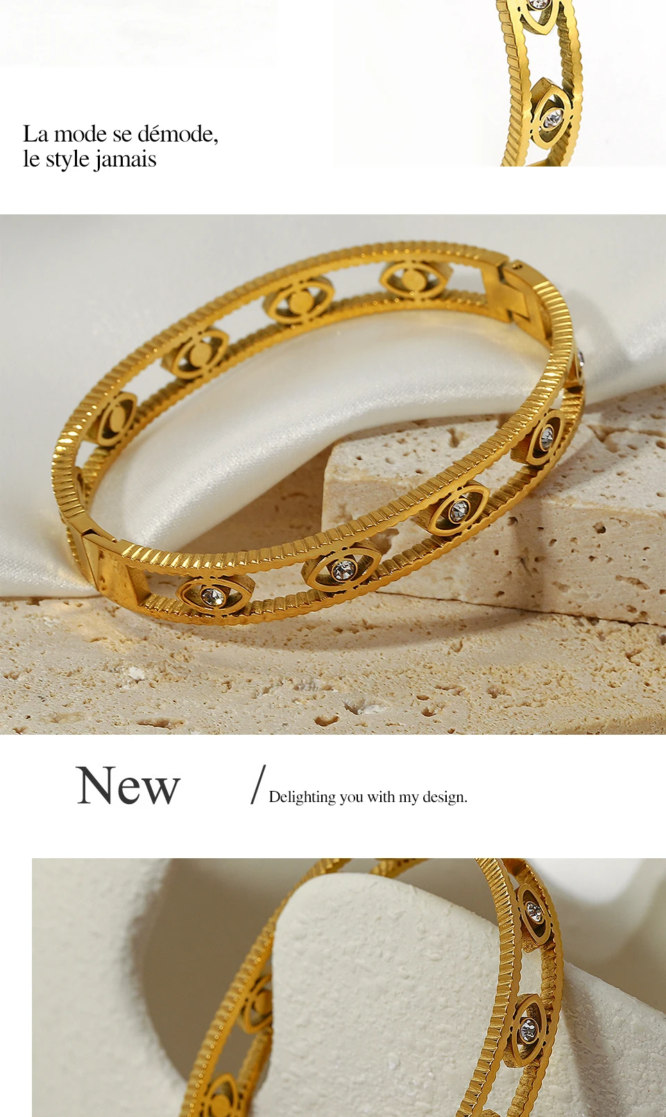 Description Picture 4 of itemAENSOA Boho Hollow Evil Eye Stainless Steel Gold Color Bangles Bracelets for Women Retro Bohemia Punk Bracelet Wrist Jewelry