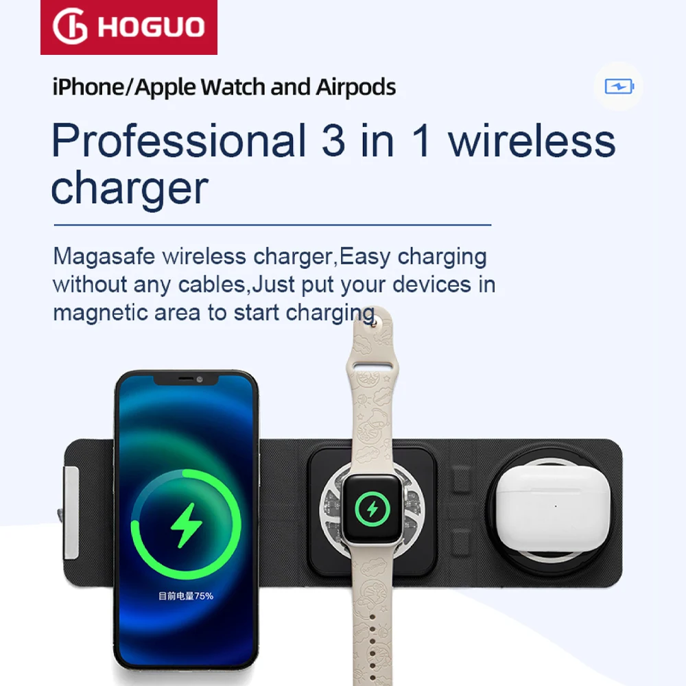 Hoguo-3 in 1 Magnetic Wireless Charger, Pad Stand, Foldable, iPhone 14, 13, 12, 11, X ,Apple Watch, AirPods, Fast Charging,15W