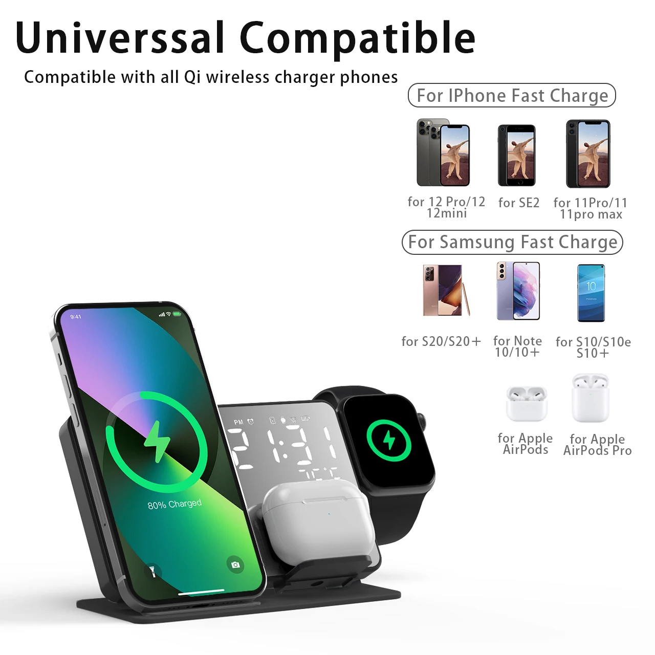 Description Picture 3 of item3 in 1 Wireless Charger For iPhone 14 13 12 Pro Apple Watch S8 7 15W Fast Charging Dock Station Desktop LED Digital Alarm Clock