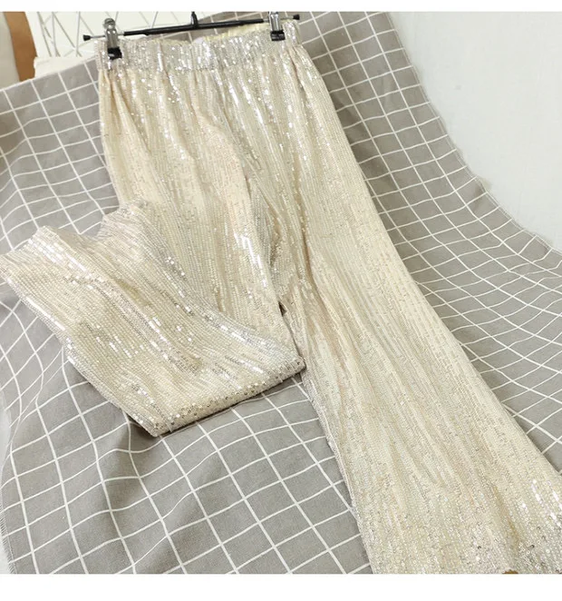 Description Picture 4 of itemSidaimi Silver Full Sequined 2022 Women Wide Leg Pant Elastic Waist Bling Luxury Chic Capris Casual Gold Long Pant Female Club