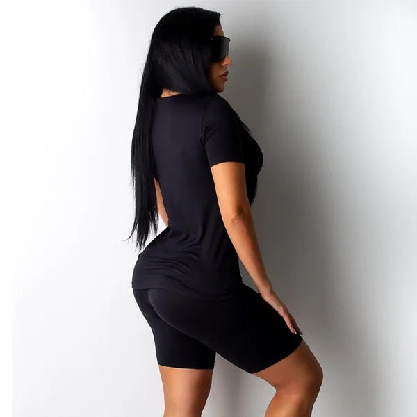 Description Picture 3 of itemNew 6 Colors Summer Women Solid Sporting Casual Two Piece Set Short Sleeve Tee Top Biker Shorts