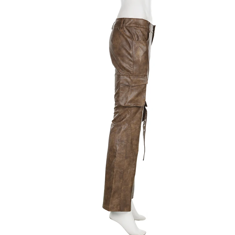 Weekeep Vintage Brown Leather Pants Grunge 2000s Low Rise Pockets Patchwork Baggy PU Cargo Pants Women y2k Streetwear Trousers