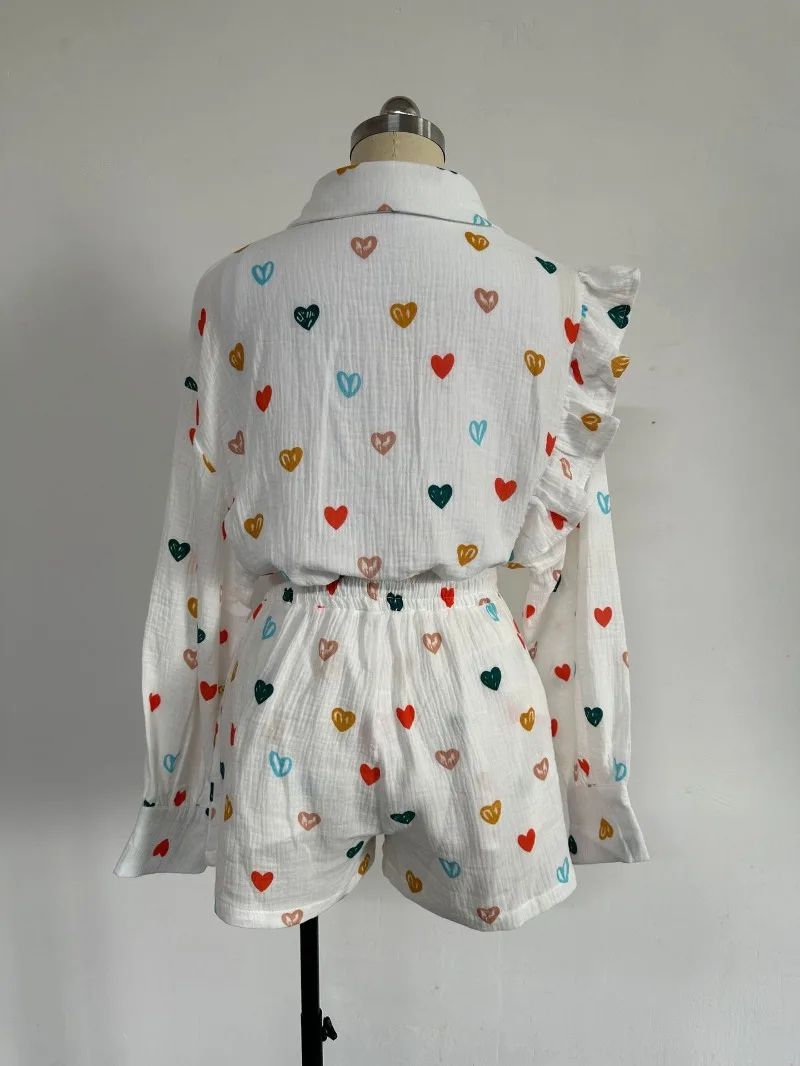 Description Picture 6 of itemSummer Outfits for Women 2023 New Ruffled Love Print Shirt Wide Leg Shorts Casual Two Piece Set for Women Elegant Short Sets