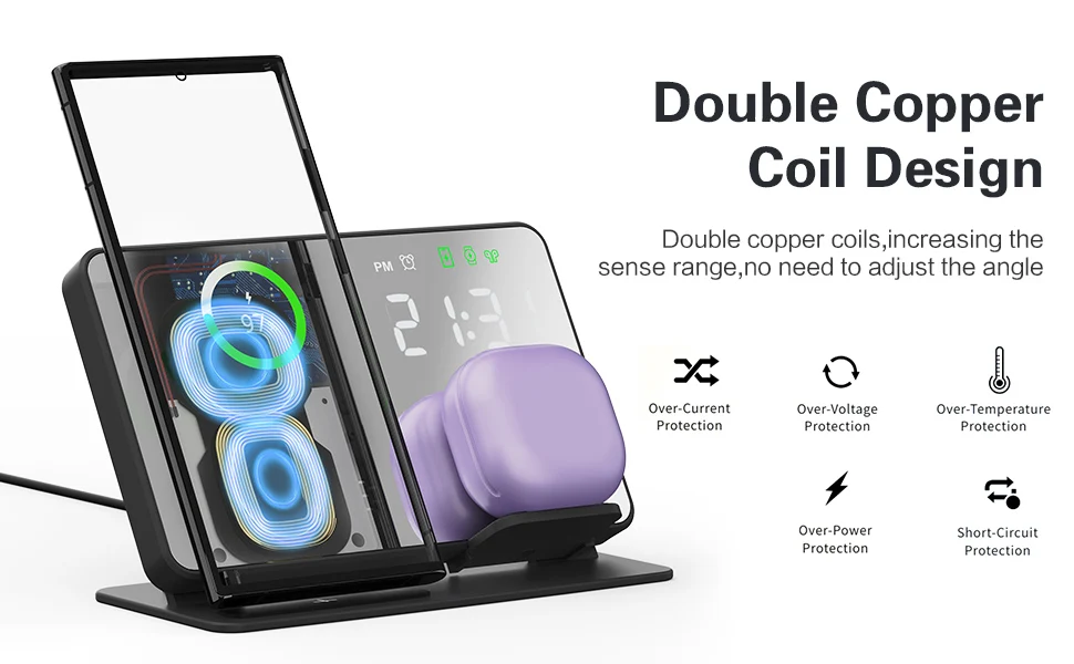 Description Picture 3 of item3 in 1 LED Alarm Clock Charging Dock Station for Samsung Galaxy S23 Ultra Fast Wireless Charger for Watch 6 / 5 Holder Buds2 Pro