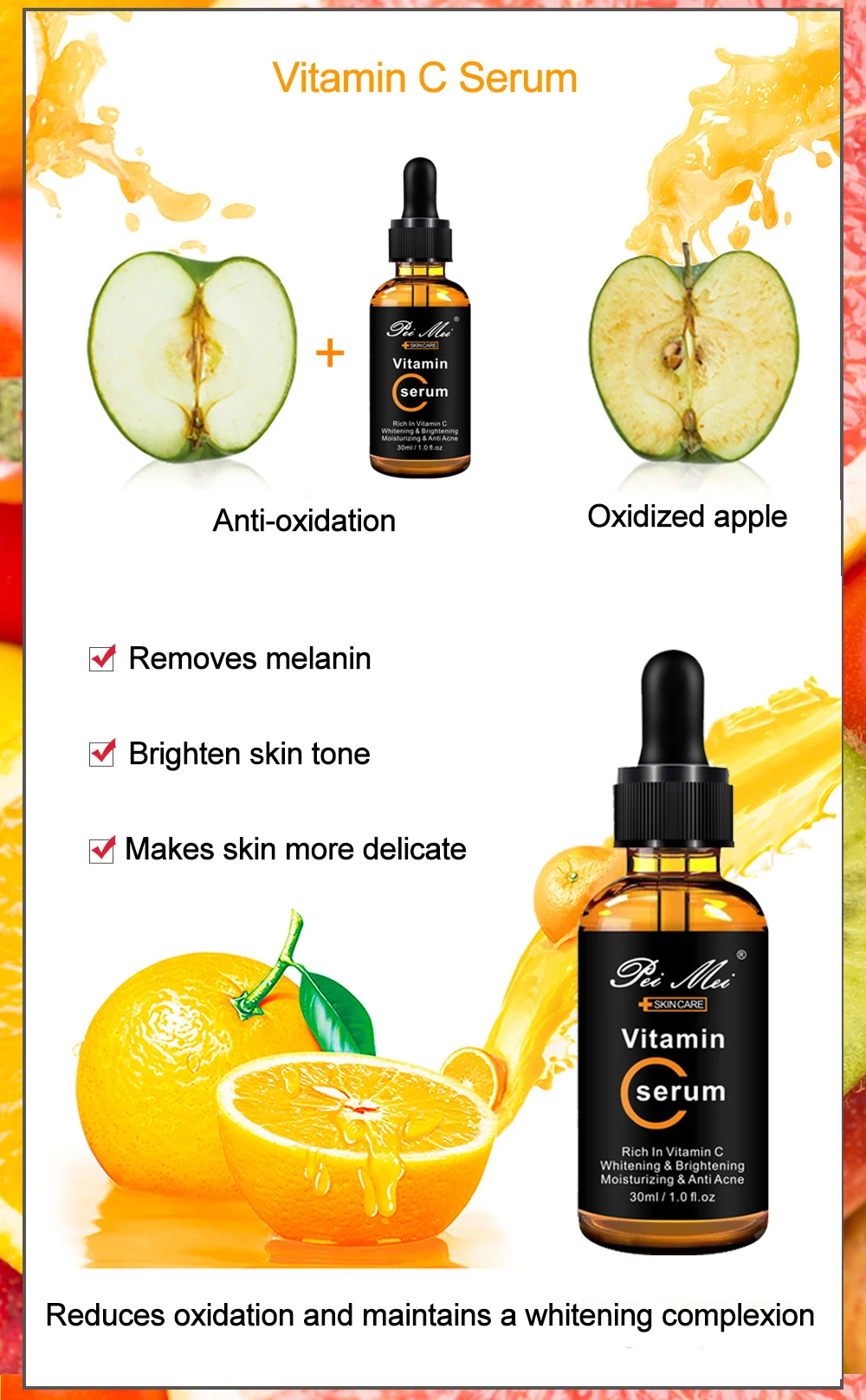 Description Picture 4 of itemSkincare Products Vitamin C Facial Serum Brighten Skin Lighten Spots Hyaluronic Acid Face Essence Skin Care Products 30ml
