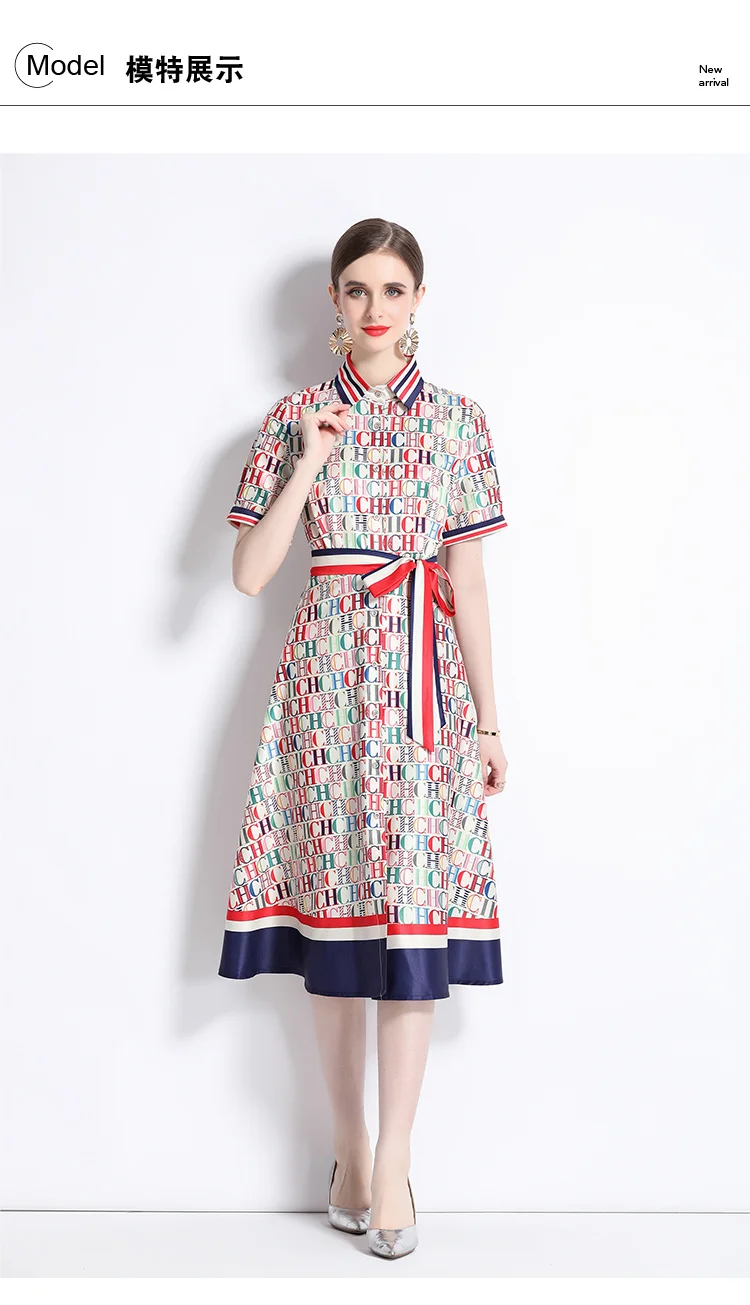 Description Picture 3 of itemSummer Fashion Letter Print Runway Dress Women's Short Sleeve Lapel Stripe Belt Lace Up Office Lady Casual Midi Vestidos N6016