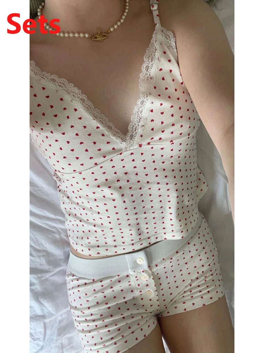 Description Picture 2 of itemCute Heart Print Lace Trim Camis Tops Summer Women Casual Sweet Cotton Two Piece Set Female Vintage Y2K Streetwear Chic Clothes
