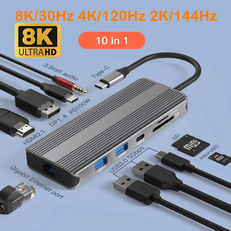 8K USB C Laptop Docking Station 10in1 MST USB 3.0 RJ45 PD DP HDMI 4K 120Hz 2K 144Hz Hub for Macbook HP Iconic Brand Surface Iconic Brand