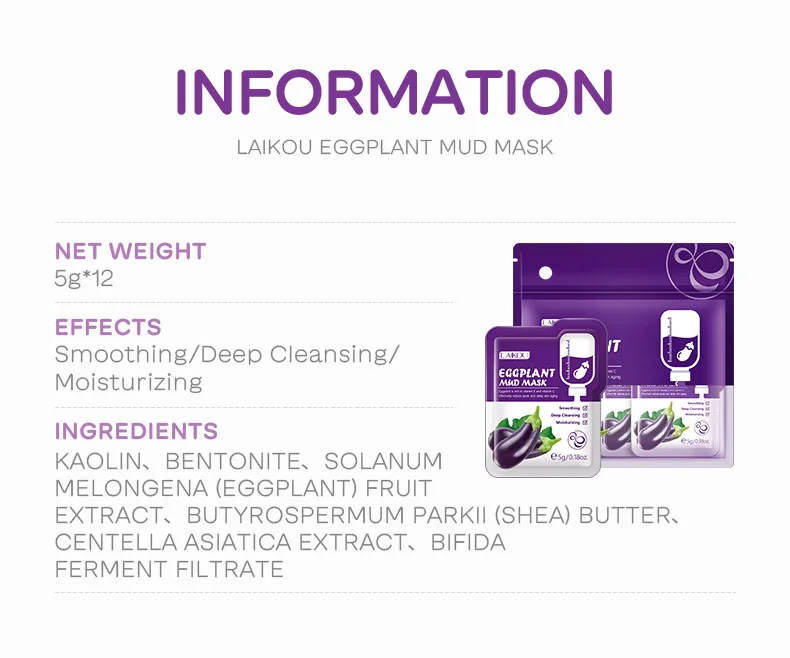 Description Picture 5 of item5pcs LAIKOU Eggplant Mud Mask Oil Control Moisturizing Anti-Acne Anti Wrinkle Whitening Cleansing Clay Mask Skin Care Face Mask