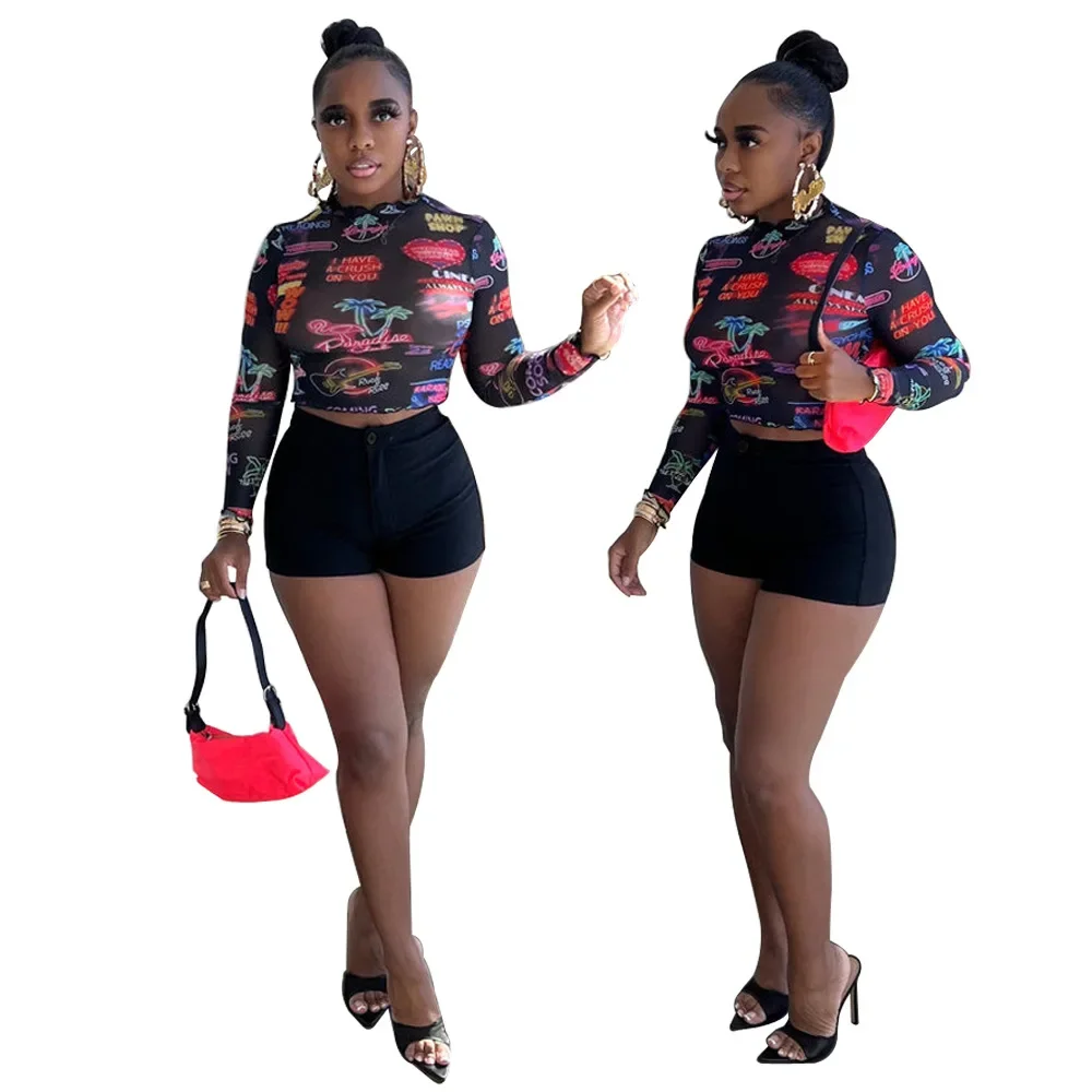 Description Picture 5 of itemCHYXSB 2022 Sexy Holiday New Fashion Printed Round Collar Short Sleeve Top Buttons Short Pants Lady Two Piece Sets