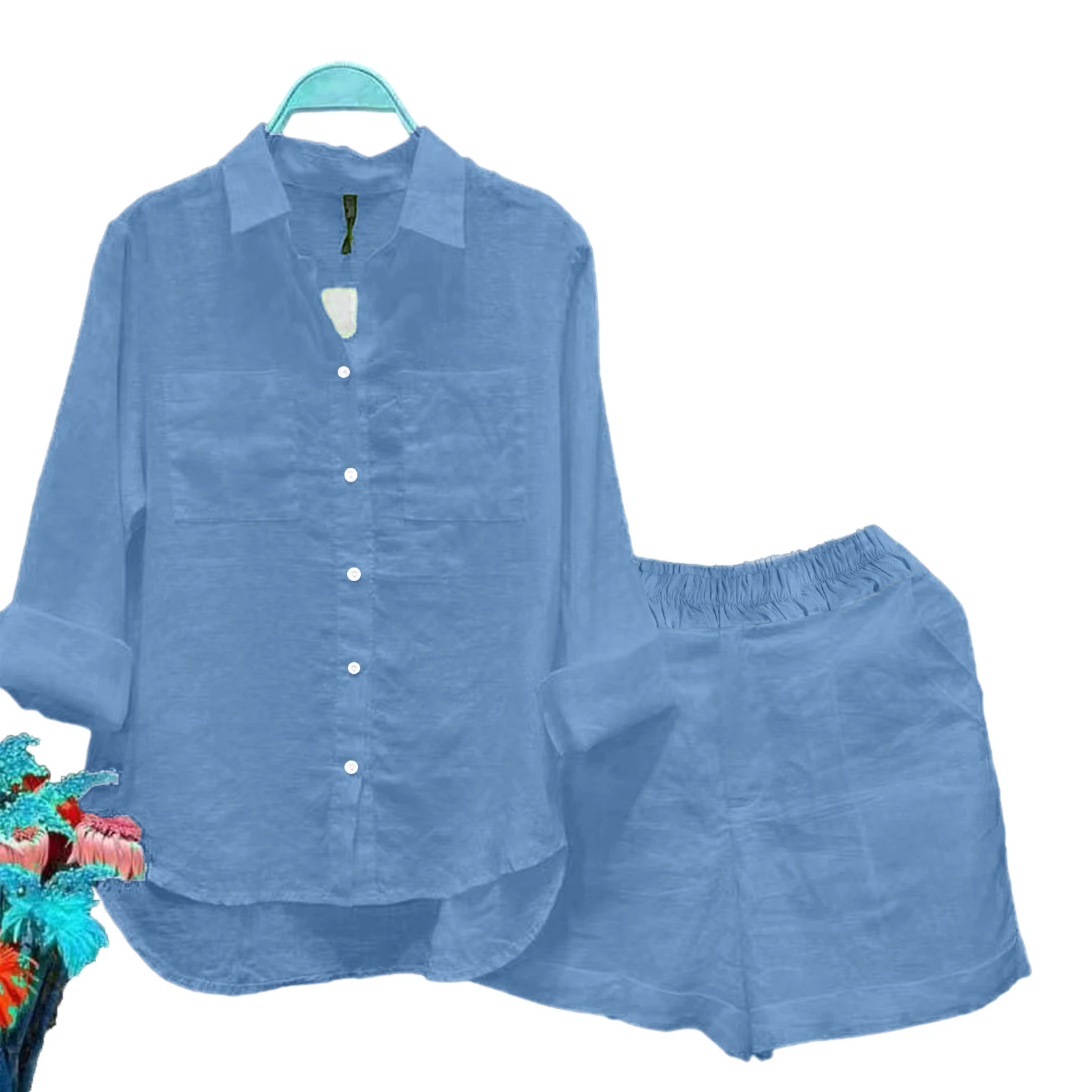 2 Pcs/Set Women Shirt Shorts Set Solid Color Loose Long Sleeves  Patch Pockets Irregular Hem Lapel Casual Female Spring Outfit