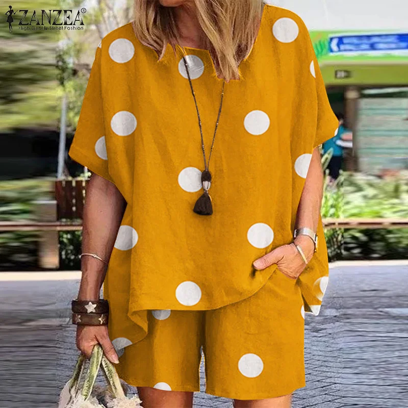Description Picture 4 of itemO-Neck Short Sleeve Polka Dots Printed Blouse ZANZEA Summer Women Matching Sets Fashion Casual Holiday Elastic Pant Tracksuits