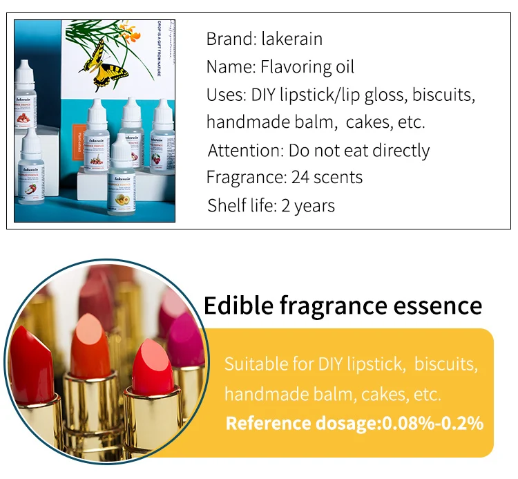 12pcs/box 10ml Vegan Natural Flavoring Oil Scents Essence Oil Drops Liquid Pigment Dyeing Color for Lip Gloss Diy Use