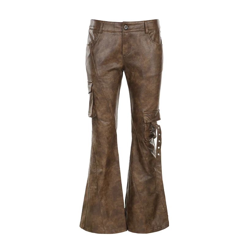 Weekeep Vintage Brown Leather Pants Grunge 2000s Low Rise Pockets Patchwork Baggy PU Cargo Pants Women y2k Streetwear Trousers