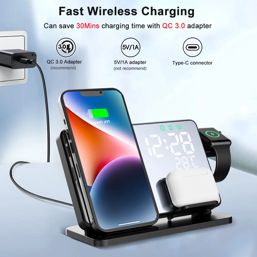 Description Picture 4 of item3 in 1 Wireless Charger For iPhone 14 13 12 Pro Max Fast Charging  Station For Apple Watch 8 7 Chargers Stand With Alarm Clock