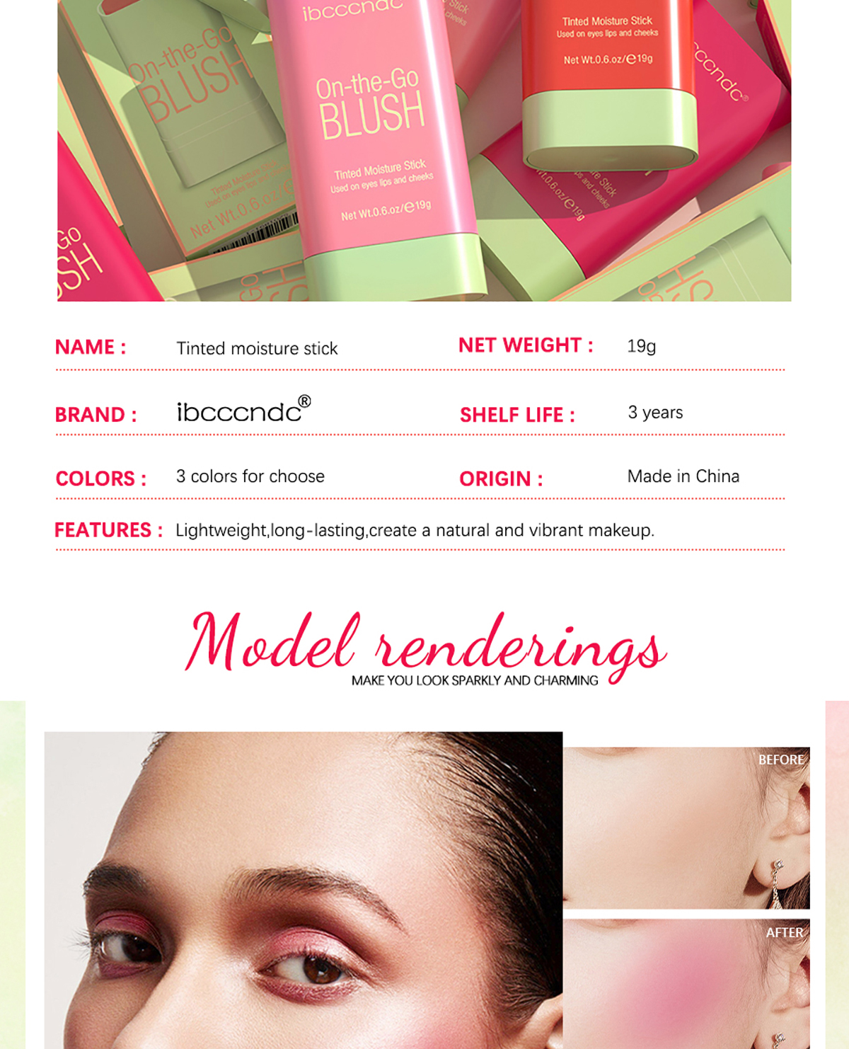 Description Picture 4 of itemIbcccndc 3 Colors Blush Highlighter Bronzer Contour Shadow Cream Cheek Blusher Blush Stick Women Face Cosmetic Beauty Makeup