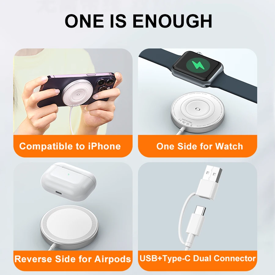 Magnetic Wireless Charger 3 In 1 Double Sided 18W Fast Charging for Apple Devices iPhone Airpods Watch and Qi Wireless Charging