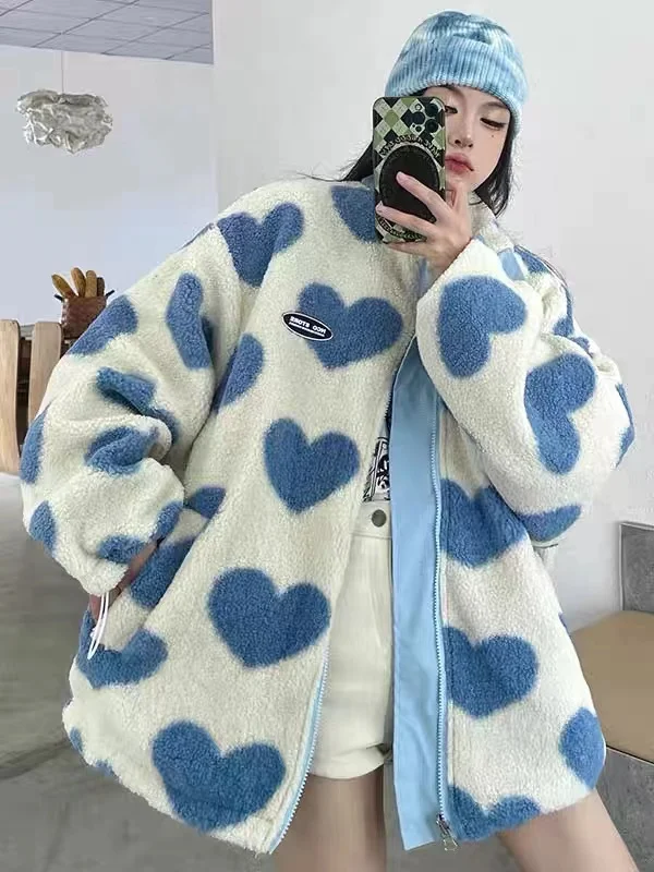 Description Picture 5 of item2023 Autumnand New Love Lamb Wool Cotton-padded Jacket Double Collar Coat Couple Y2k High Street Retro Cute Loose Coat Warm Coat