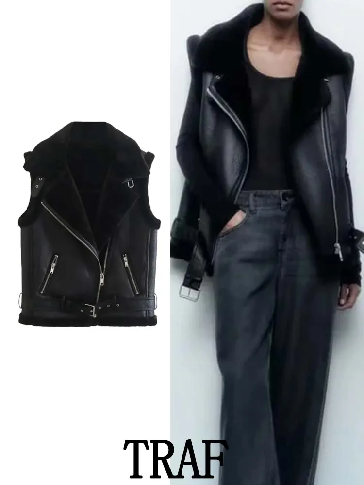 TRAF 2023 Woman Winter Vest Coat Cotton Imitation Leather Vests Women Fashion Sleeveless Jacket Windproof Casual Warm Coats
