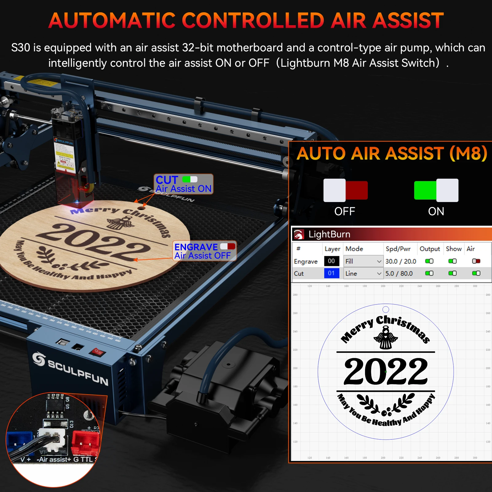 SCULPFUN S30 5W Laser Engraver With Automatic Air-assist System High-precision Fixed-Focus CNC Laser Engraver Machine 410*400mm