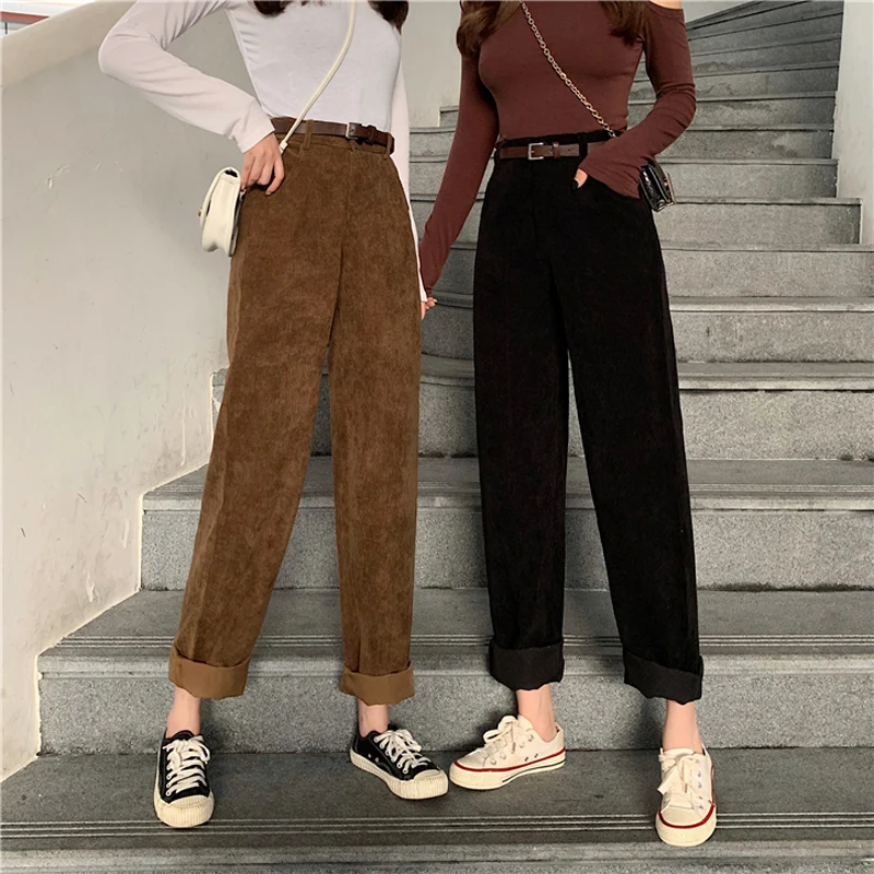 Description Picture 5 of itemZoki High Waist Corduroy Pants Fashion Belt Autumn Wide Leg Full Pants Spring Korean Pure Cotton Black Streetwear Ladies Trouser