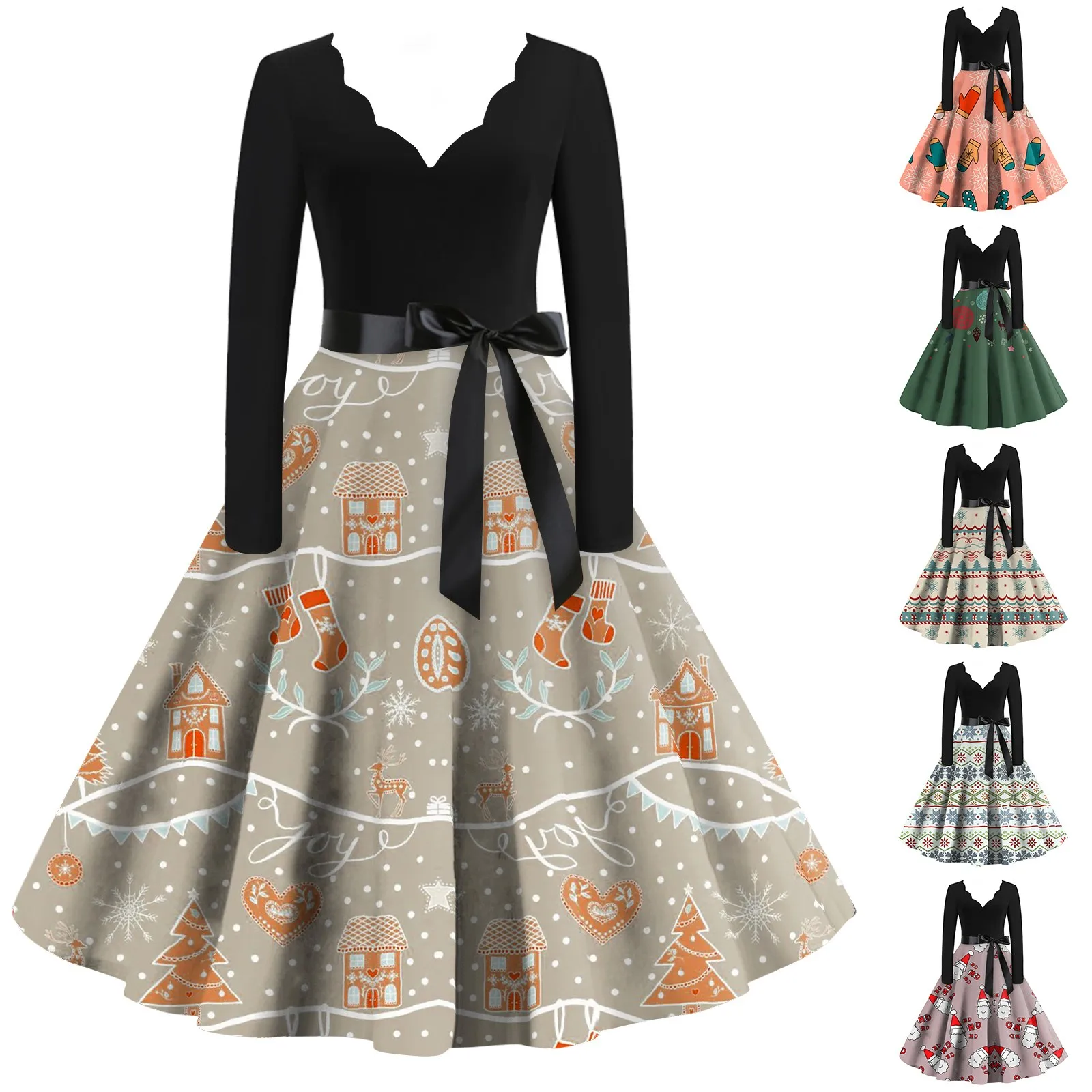 Description Picture 2 of itemWomen's Christmas Casual Fashion V-Neck Long Sleeve Printed Vintage Women Fashion  Vestidos Mujer Strapless Gathered Midi Dress