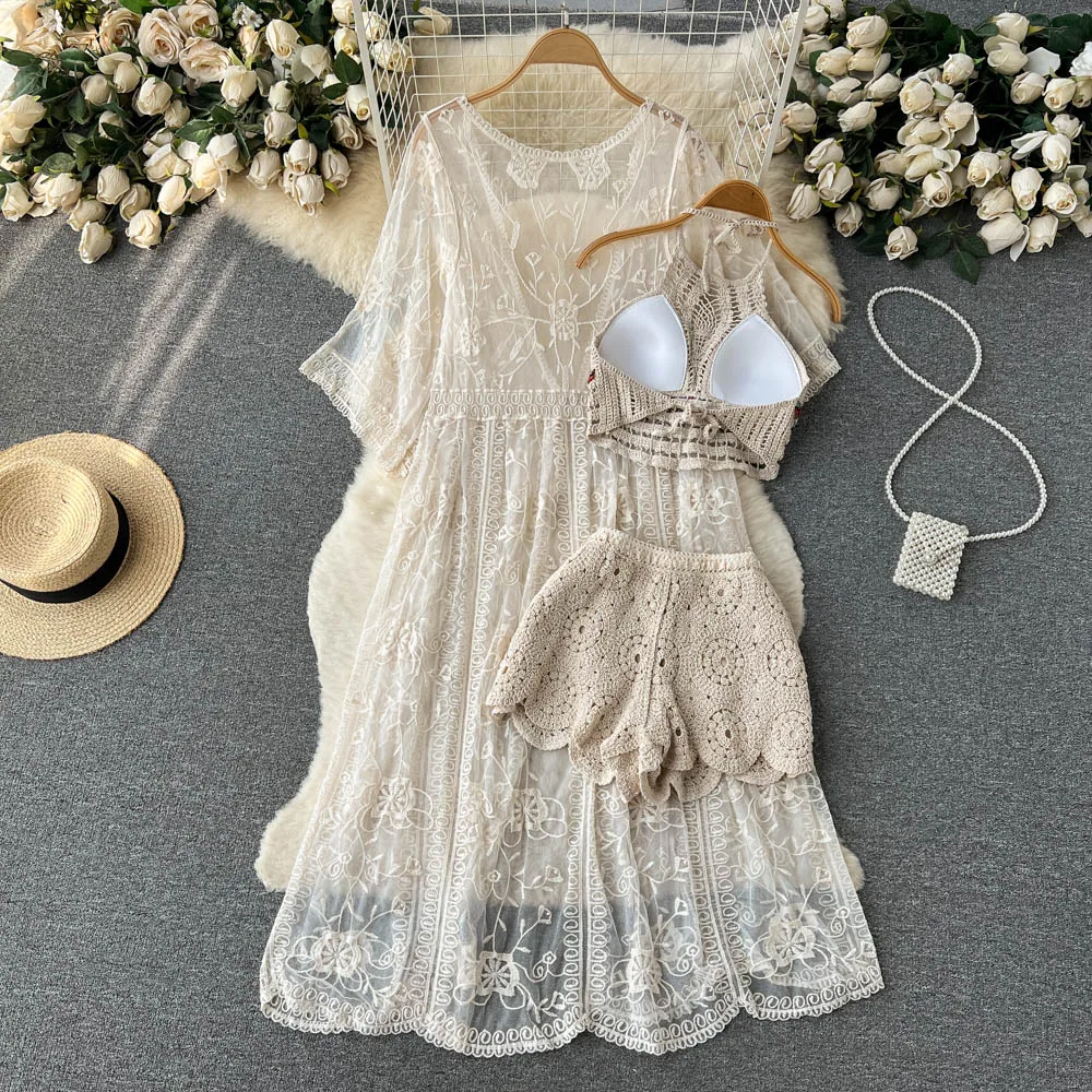 Description Picture 4 of itemSINGREINY Knit Casual Matching Sets Summer Women Mesh Cardigan Halter Backless Camisole Mini Shorts Vacation Beach Style Suits