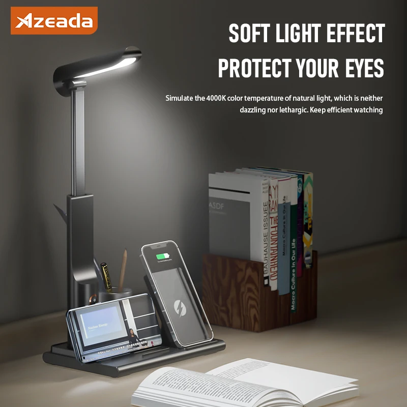 Azeada Multi-function 15W Wireless Charger Kit with Desk Lamp for iPhone 15 14 Pro Huawei MI Fast Wireless Charging Phone Holder