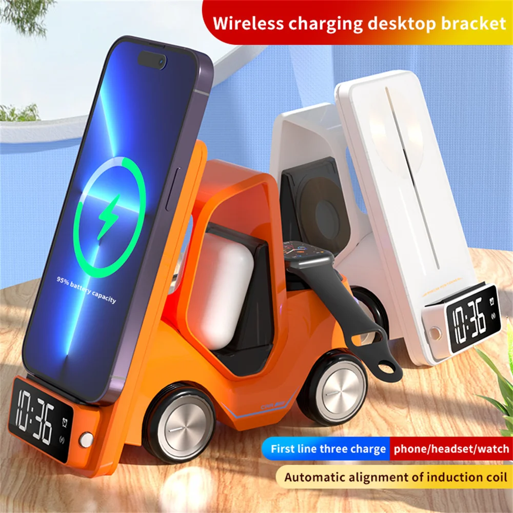 Description Picture 2 of item3 In 1 Wireless Charger Station Charging Deck For Apple Watch iPhone Airpods Android Car Shape With Alarm Clock Led Night Light