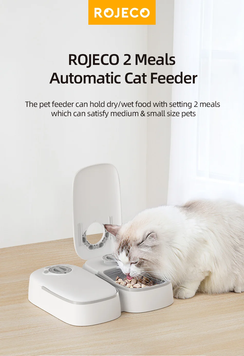 Description Picture 2 of itemROJECO 2 Meals Automatic Pet Feeder Smart Cat Food Dispensers For Wet & Dry Food Wireless Dog Kibble Dispenser Accessories 700ML