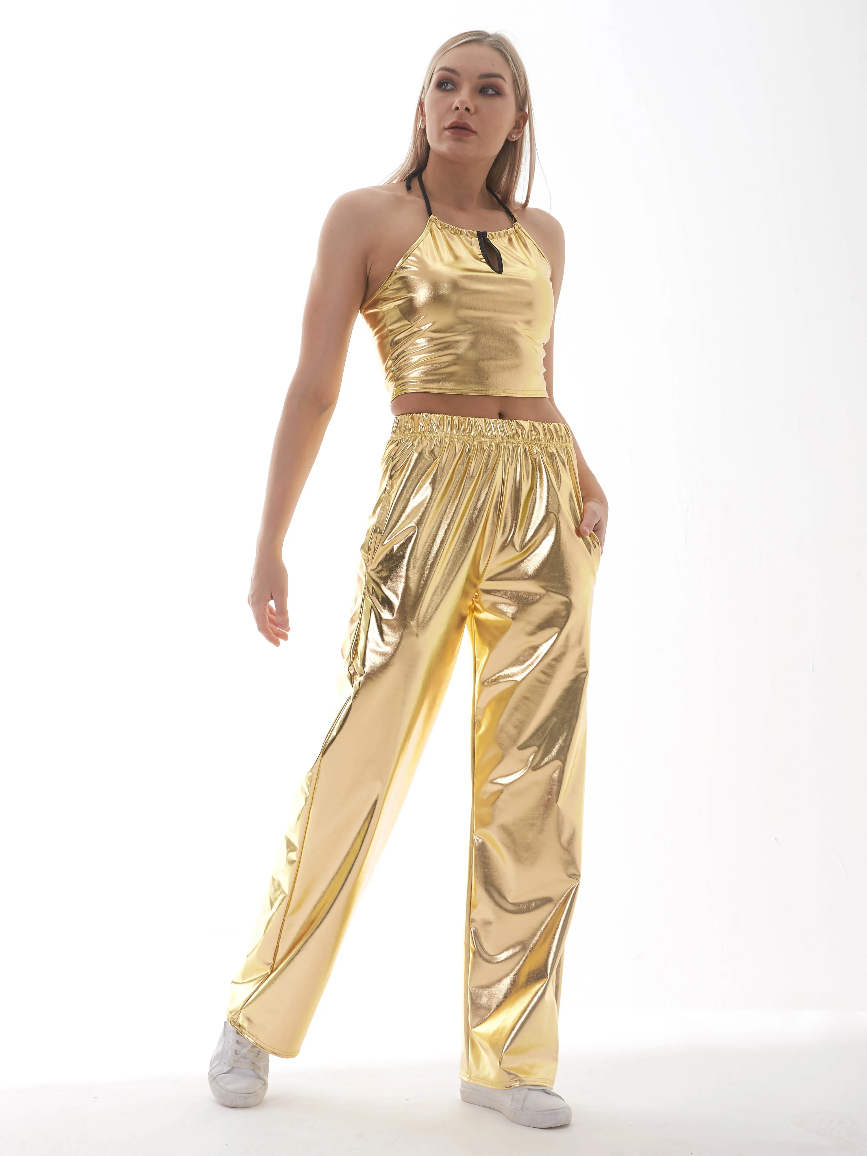 Description Picture 5 of itemWomen Shiny Hip Hop Trousers Laser Metallic Wetlook Wide Leg Pants Retro Disco Hippie Club Skinny Bell Bottoms Streetwear Adult