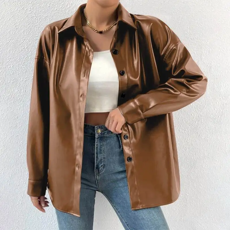Description Picture 3 of item2023 Autumn Lapel Collar Coats ZANZEA Women Bomber Jackets Streetwear PU Leather Long Sleeve Blazer Oversized Buttons Outerwears