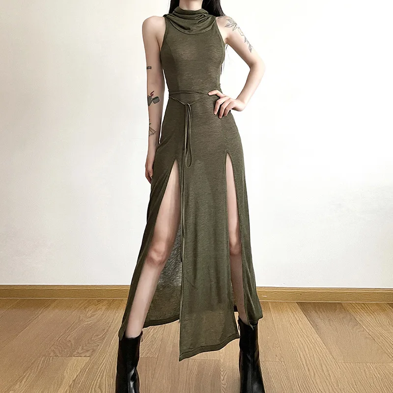 Gothic Cyber Desert Walker Hooded Dresses Darkwear Y2k Punk Grunge Hollow Out Midi Dress Women Sexy Split Side Solid Streetwear