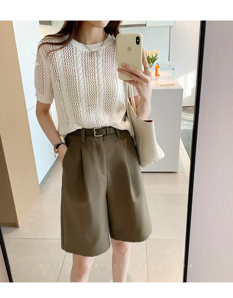Description Picture 6 of itemWomen's Shorts High Waist 2023 Summer Wide Leg Shorts Pant Knee Length Fashion Khaki Black Casual Suit Shorts for Women