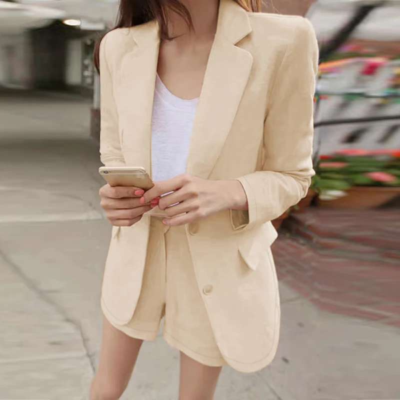 Description Picture 6 of itemZANZEA Office Two Piece Sets Women Solid Blazer And High Waist Shorts Elegant Cotton Suit Casual OL Work Outfits Matching Sets