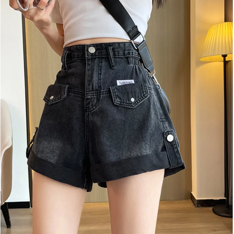 Description Picture 3 of itemWomen's Cycling Shorts Retro Pull-edge Denim Korean Version Summer Fashion High Waist Slimming Design Wide-leg A-line Pants Ins