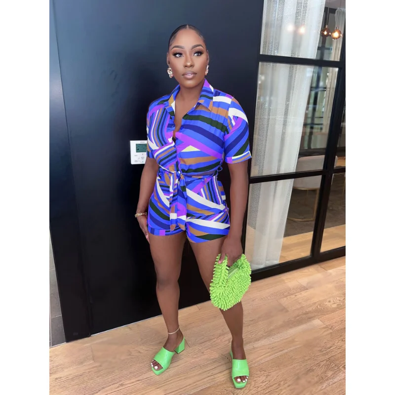 Description Picture 5 of itemColorful Stripe Print Two Piece Set Women Short Sleeve Lace Up Crop Shirts Top Elastic High Waist Shorts Summer Casual Suits