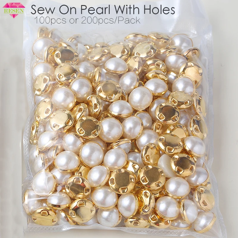 RESEN 6mm 8mm,10mm,12mm Sew On Pearls For Dresses With Claw Gold/Sliver Claw Rhinestones Round Pearl Button Sew On Stones