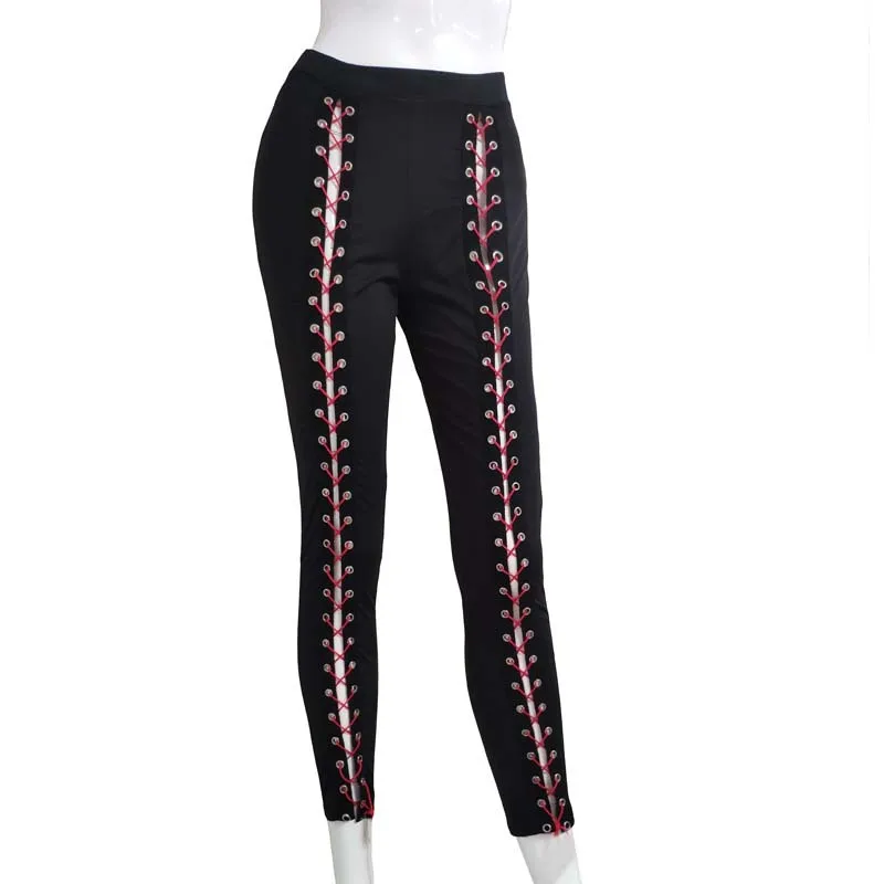 Description Picture 4 of itemNew Sexy Lace Up Pants Women Big Size Slim Black Streetwear Trousers High Waist Bandage Leggings Pencil Pant Black Red Gray XL