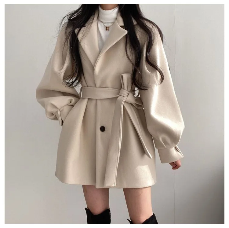 Description Picture 4 of itemMid Length Topcoat Blazer Collar Woolen Coat Women Belted Winter Jacket Niche Vintage Loose Fashion Overcoat Solid Trench Coats