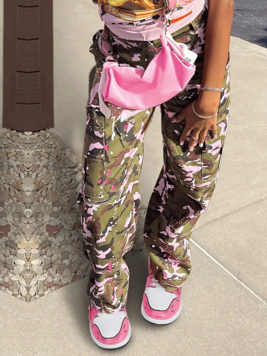 LW Autumn & Winter Women Cargo Trousers Streetwear Pink Camouflage High Waist Side Pocket Design Long Fashion Pants XS-3XL