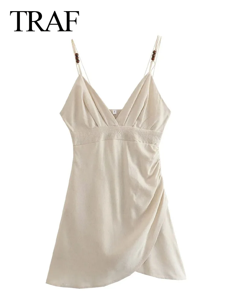 TRAF Summer Women's New Fashion Ruched Mini Dress Sleeveless Slip Short Backless Night Evening Dresses Elegant Chic Party Dress