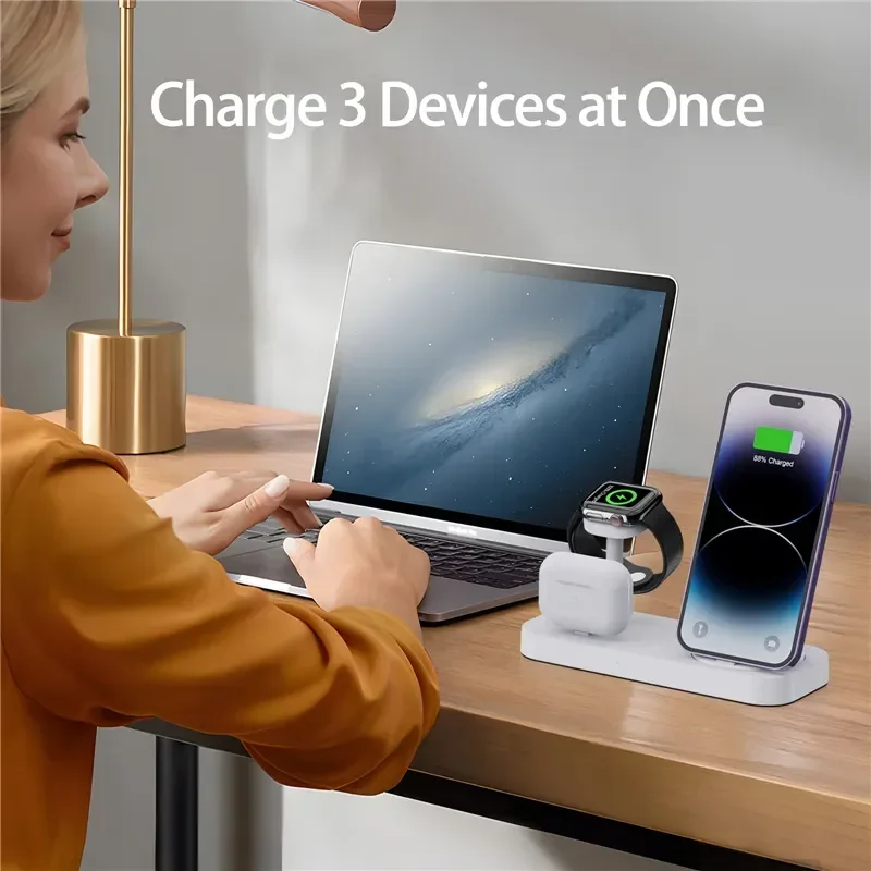 Description Picture 2 of item4 In 1 Wireless Charger Stand Pad Fast Charging Station Dock for iPhone 15 14 13 12 Pro Max Apple Watch 8 7 6 Ultra Airpods Pro