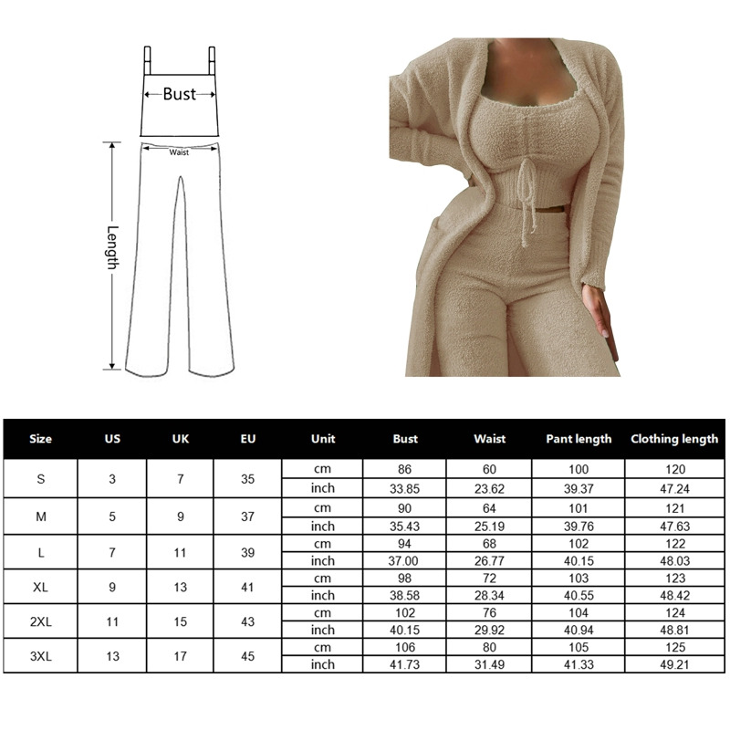 Description Picture 2 of itemNew Autumn Winter Women's Velvet Pajamas Set Crop Top+Long Pants+Coat 3 Pieces Suit Warm Soft Fleece Homewear Pyjamas S-3XL