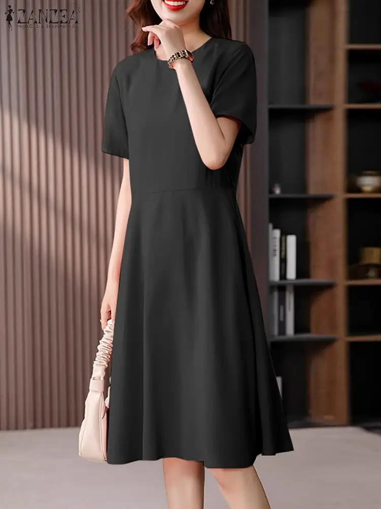 ZANZEA Fashion OL Work Vestidos Oversized Woman Vintage Solid Dress Short Sleeve O-Neck Sundress Casual Party A Line Dresses